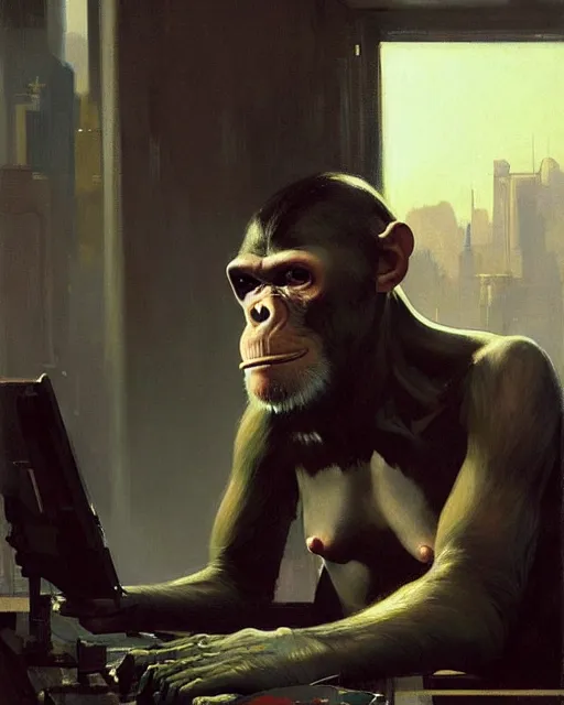 Prompt: cyberpunk chimpanzee cyborg at the computer. art by greg rutkowski, gustave courbet, rosa bonheur, edward hopper. faithfully depicted facial expression, perfect anatomy, sharp focus, global illumination, radiant light, detailed and intricate environment, trending on artstation