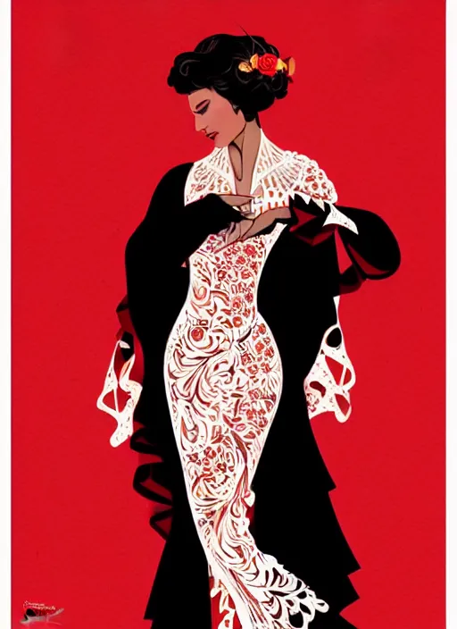 Prompt: silhouette of a spanish flamenca, vector art style, medium shot, intricate, elegant, highly detailed, digital art, ffffound, art by jc leyendecker and sachin teng