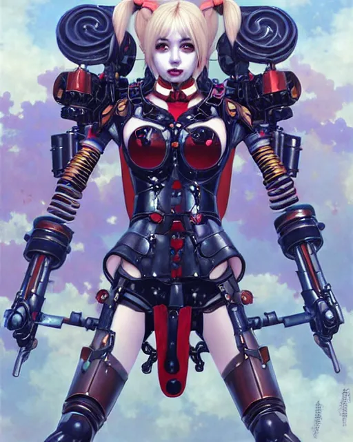 Image similar to portrait of beautiful cute maiden anime harley quinn girl in warhammer mechanical armor, high details, art by ( ( ( kuvshinov ilya ) ) ) and wayne barlowe and gustav klimt and artgerm and wlop and william - adolphe bouguereau