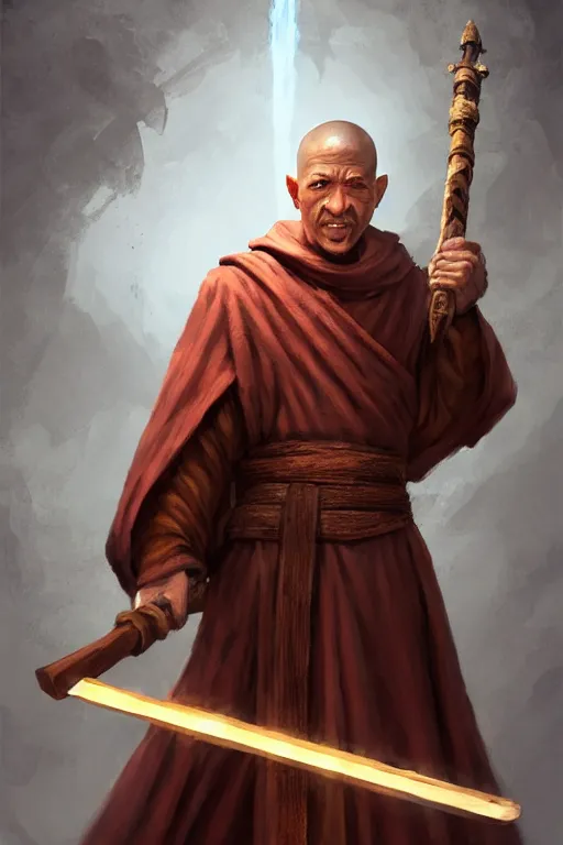 Image similar to monk with draconic face features, wearing a simple robe, holding a war hammer, highly detailed, d & d, fantasy, highly detailed, digital painting, trending on artstation, concept art, sharp focus, illustration, global illumination, shaded, art by artgerm and greg rutkowski and fuji choko and viktoria gavrilenko and hoang lap