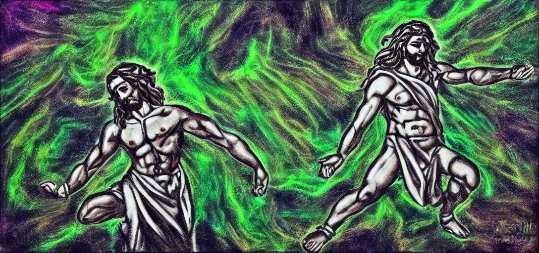 Image similar to an abstract spiritual background, a multiracial greek god dancing with mortals, green eyes. high contrast lines, great detail. 2 4 mm, photorealistic, saturated color scheme