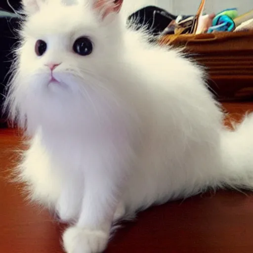 Image similar to bunny - cat hybrid with long curly white fluffy fur and extra long tail, by hayao miyazaki