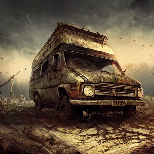 Image similar to mystery machine abandoned, dirty, apocalypse, cinematic, detailed, epic, widescreen, opening, establishing, mattepainting, photorealistic, 4 k, octane render, art by greg rutkowski