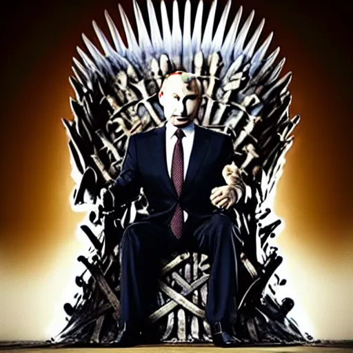 Image similar to “Putin sitting on the iron throne award winning, 4k realistic Photograph”