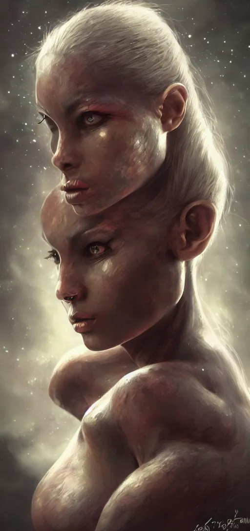 Prompt: realistic detailed portrait of the half alien women, dynamic lighting, photorealistic fantasy concept art, trending on art station, stunning visuals, creative, cinematic, ultra detailed