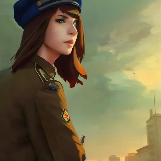 Prompt: young woman with shoulder length light brown hair and hazel eyes dressed in a sharp dark teal military uniform and beret, blurred city background in twilight lighting, ilya kuvshinov, anime, greg rutkowski, guweiz, ross tran, artstation trending, artgerm, concept art, digital painting, painterly