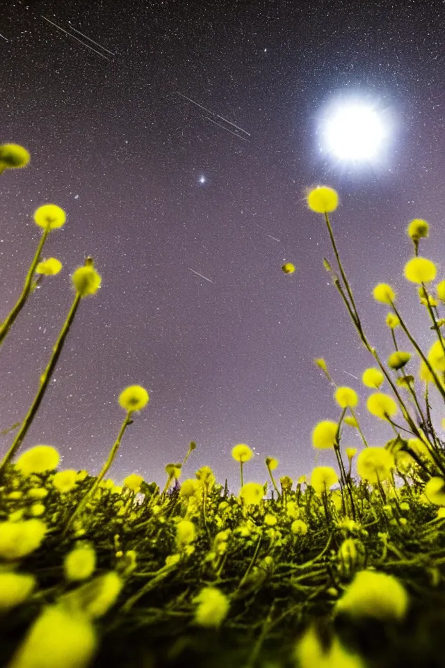 Prompt: low angle, shot from below. very large moons in night sky. milky way in the night sky. 3 0 second shot. meteor shower. field of big frozen yellow flowers. f 1. 8 lens, lens flare, bokeh. high detail