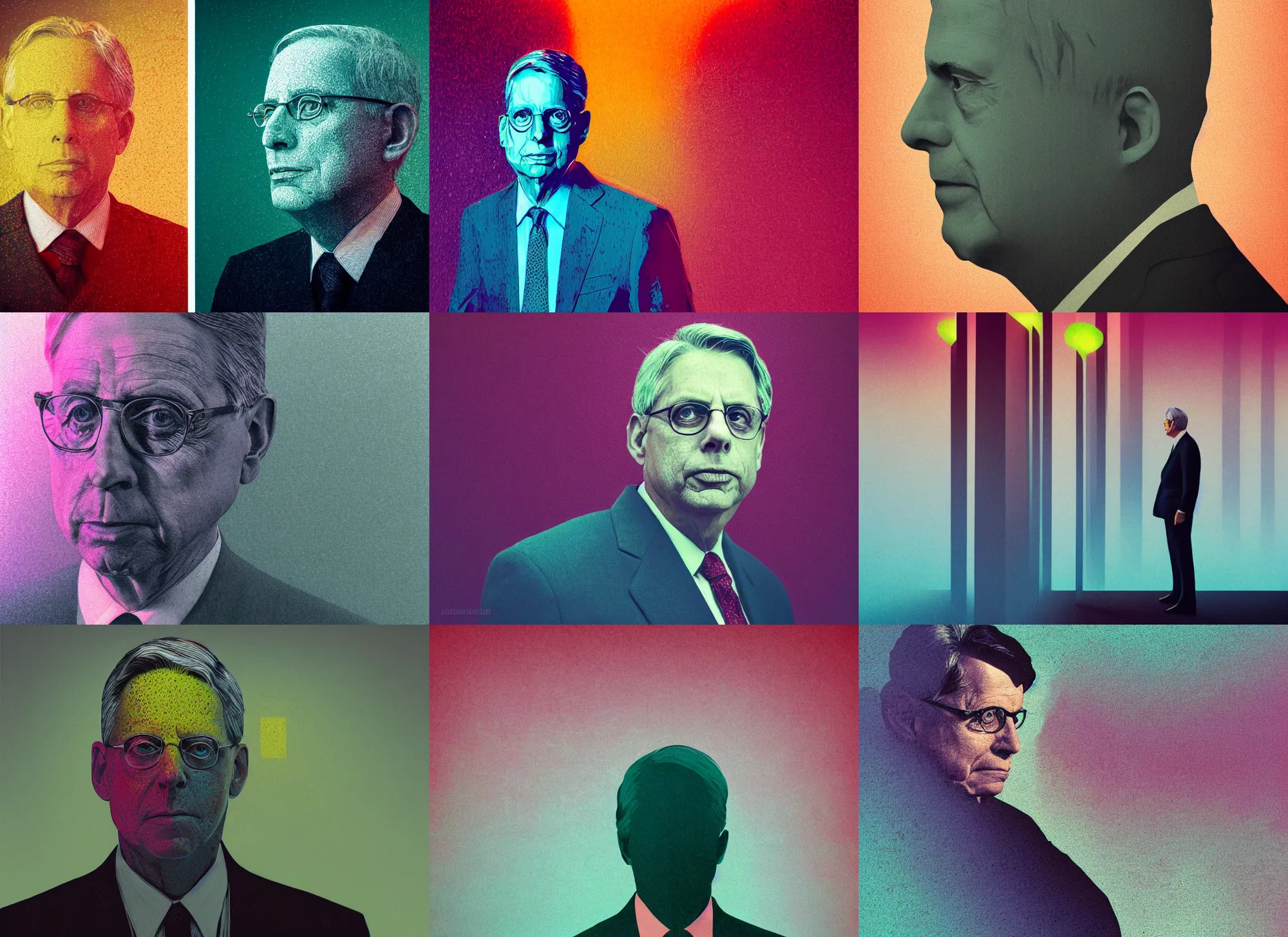 Prompt: realistic photo portrait of merrick garland, colorful, modern art deco, mads berg, karolis strautniekas, christopher balaskas, stippled light, moody, fine texture, editorial illustration, dramatic lighting, dynamic composition, detailed, matte print, dynamic perspective, muted color, ( ( victo ngai ) ), low fog