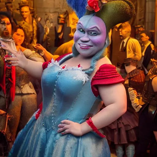 Prompt: a wide full shot, colored historical fantasy of a shrek dressed in drag at the v - day celebrations in new york city, photographic portrait, warm lighting,. ultra realistic, photorealistic, cinema, hyper realistic, warm lighting