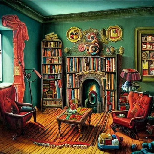 Prompt: a painting of a living room filled with furniture, a surrealist painting by jacek yerka, cgsociety, fantastic realism, maximalist, surrealist, detailed painting