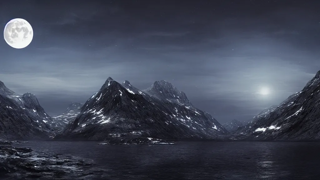 Image similar to a night view of the full moon above fjords, dark, very dark, blue, almost black, dark, dark, dark, dark, moon on the right, moon on the right, moon located on the right, the moon is on the right side, matte painting, concept art, 4 k