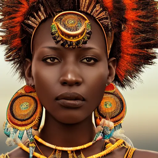 Prompt: vintage portrait of a stunningly beautiful west african tribal queen female, depth of field, zeiss lens, detailed, symmetrical, centered, fashion photoshoot, by edward s curtis, Annie Leibovitz and Steve McCurry, David Lazar, Jimmy Nelsson, Breathtaking, 8k resolution, extremely detailed, beautiful, establishing shot, artistic, hyperrealistic, beautiful face, octane render