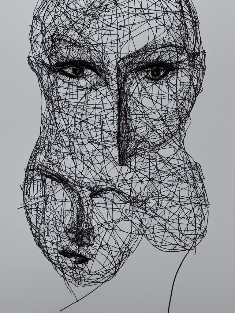 Prompt: elegant minimal thick metal wire art of a symmetrical and expressive female human facial features and body, influenced by gejza schiller portraits