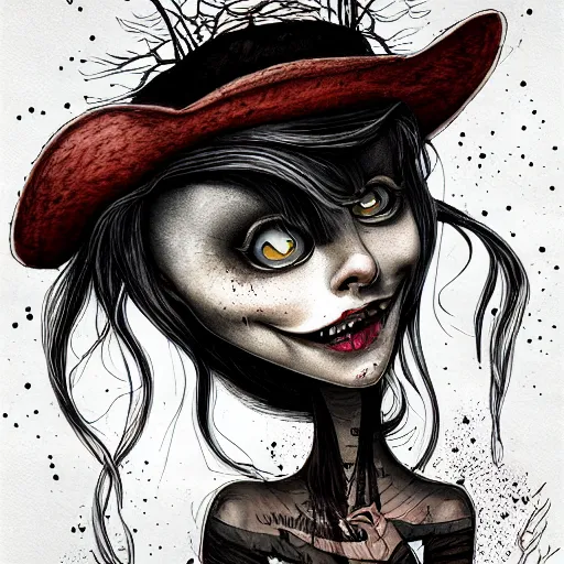 Image similar to a rotten smug exclusivists female, black ink line art and watercolor, intricate, digital painting, concept art, smooth, focus, rim light style tim burton