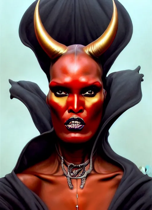 Image similar to grace jones as an devil, aesthetic, fine art, intricate, elegant, highly detailed, realistic hair, centered, digital painting, art station, conceptual art, soft, sharp focus, illustration, artwork, artgerm, tomasz alen kopera, peter mohrbacher, donato giancola, wlop, boris vallejo