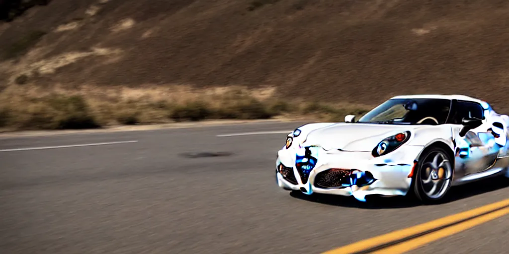 Image similar to photograph, 2015 Alfa Romeo 4C, cinematic, PCH, california coast, 8k, depth of field, bokeh.