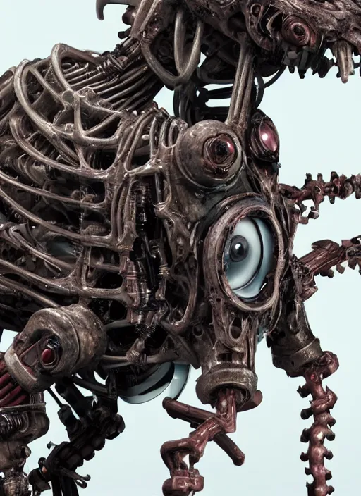 Prompt: a close up of a creepy looking biomechanical animal, gigeresque cyberpunk art by ikuo hirayama, photorealism, octane render, behance hd, polycount