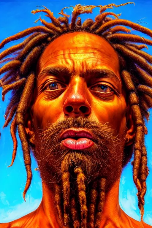 Image similar to hyperrealistic close - up portrait of psychedelic!!!!!!!!!! neuro - shaman dreadlocks hippy highly detailed concept art eric zener elson peter cinematic hard lighting high angle hd 8 k sharp shallow depth of field, inspired by denis villeneuve and zdzisław beksinski