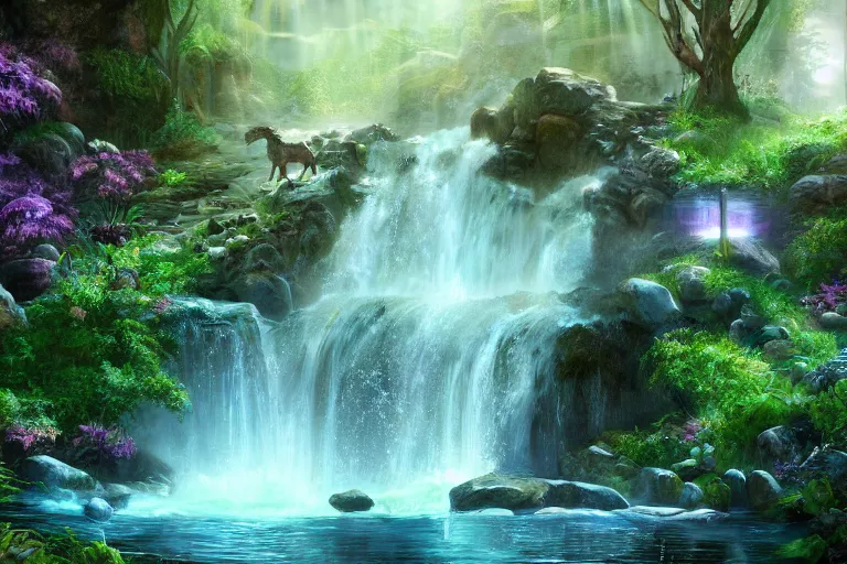 Image similar to a fantasy enchanted waterfall. cinematic lighting. photorealism.