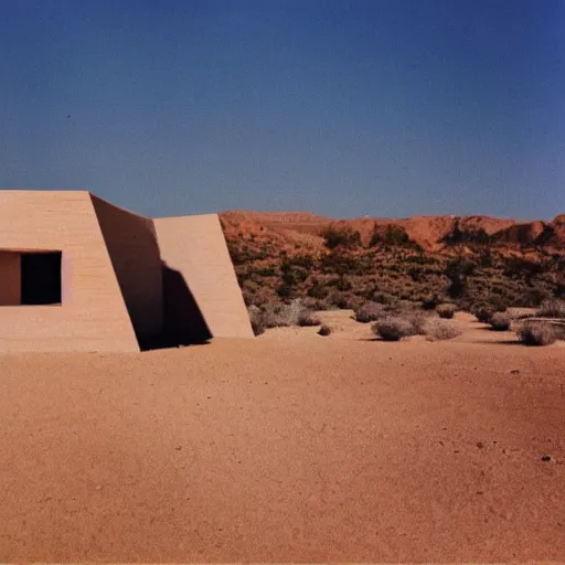 Prompt: a Non-Euclidean orb-like clay house sitting in the desert, vintage photo, beautiful cinematography, blue sky, film grain