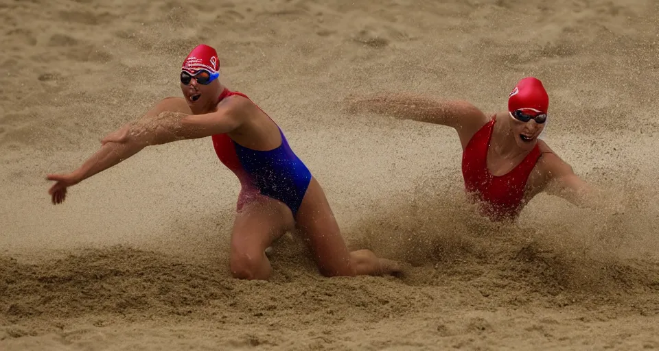 Image similar to olympic swimming in sand instead of water, extremely coherent, motion blur