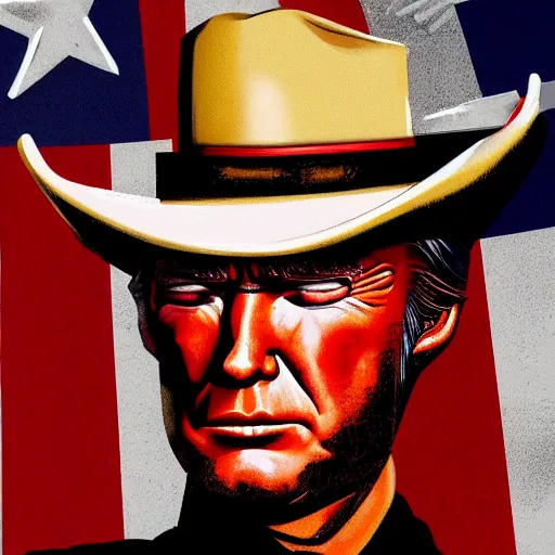 Image similar to donald trump as clint eastwood squinting at high noon in the style of a clint eastwood movie, the good, the bad and the ugly, clint eastwood, steven seagal, bud spencer, donald trump, glory days, american flag, patriotism, apple pie, black and white, artgerm, trending on artstation