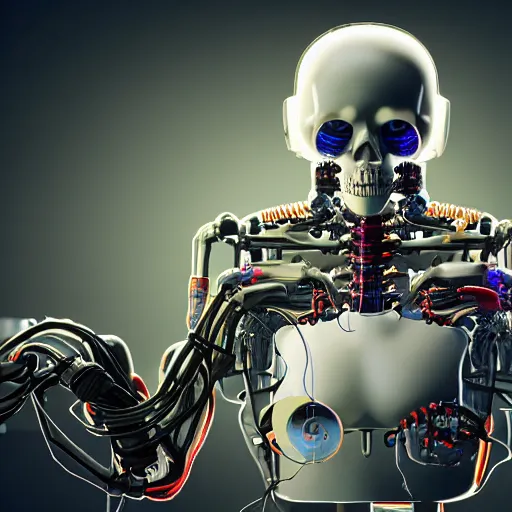 Image similar to conception of a android organs from a corrupted industry with fordism style background, liquids, cables, skeleton, robotic arm, cyberpunk style, details, studio lighting, realism, complex lights