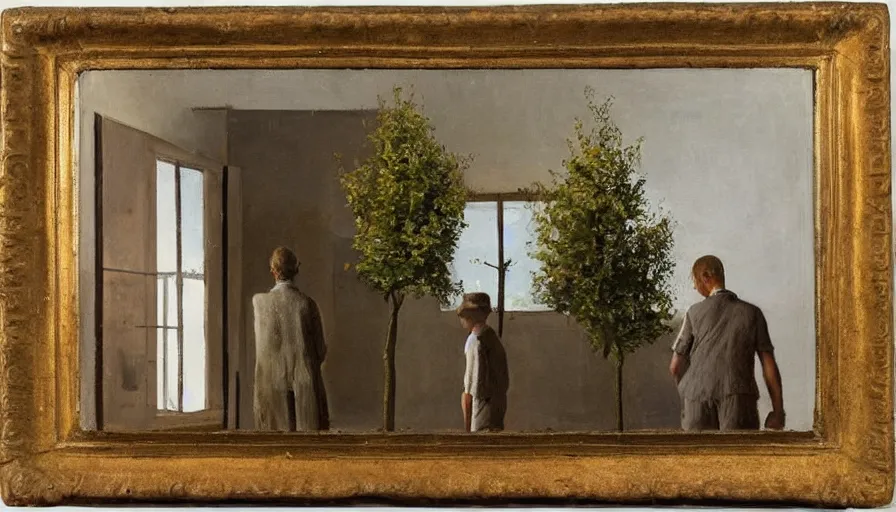 Image similar to painting by borremans, man back standing in front on the mirror and his back in the mirror with small village house and tiny tree, detailed, stunning