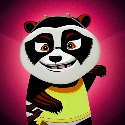 Image similar to “ portrait of a racoon in the style of kung fu panda holding laser gun, with a black background, digital art, award winning, trending on art station, retro style ”