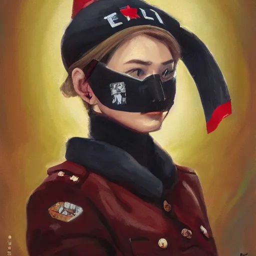 Image similar to oil paining of twentytwo year old female character with cat ears wearing soviet era uniform, wearing a tshirt with a face of karl marx on it, in the style of krenz cushart