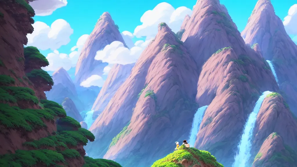 Image similar to mountainside landscape, studio ghibli, pixar and disney animation, sharp, rendered in unreal engine 5, highly detailed, digital painting, artstation, concept art, smooth, sharp focus, illustration, wide angle, artbook, wallpaper, splash art, promo art, dramatic lighting, art by artgerm and greg rutkowski and bo chen and jin xiaodi