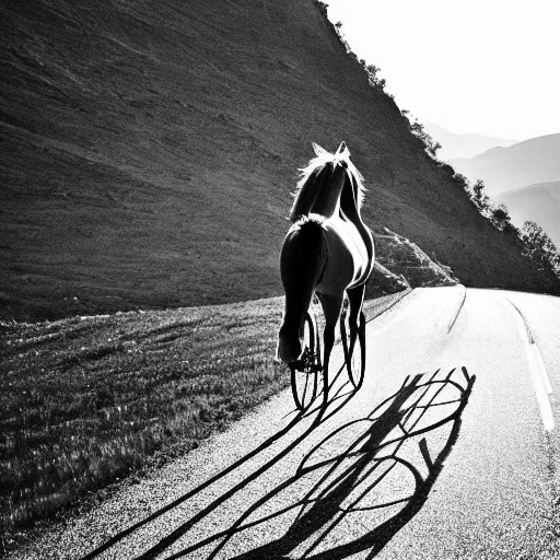 Image similar to horse on bicycle!, cycling!!, anthropomorphic!!, in the mountains, award winning photo,