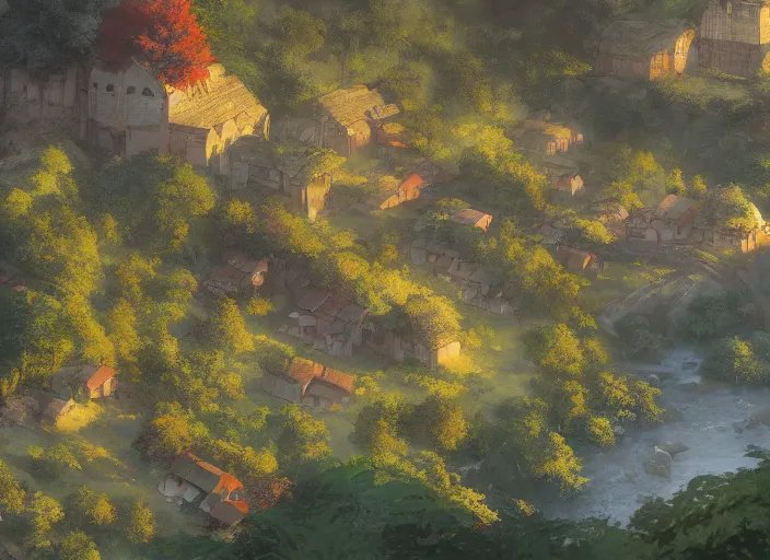 Prompt: concept art painting of a distant small woodland village in a valley seen from above, early morning, european japanese buildings, beside a river, cel shaded, detailed, by makoto shinkai and moebius and greg rutkowski and james gurney