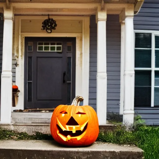 Image similar to movie still of a jack o lantern on the front porch of a house in the woods