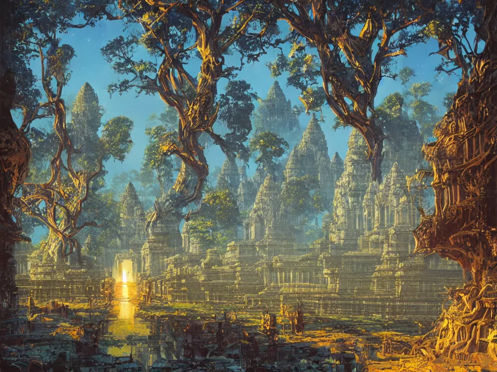 Image similar to a distant cyberpunk angkor wat, sky, portals, sparkling, reflecting pool, robots, ancient trees by paul lehr, jesper ejsing