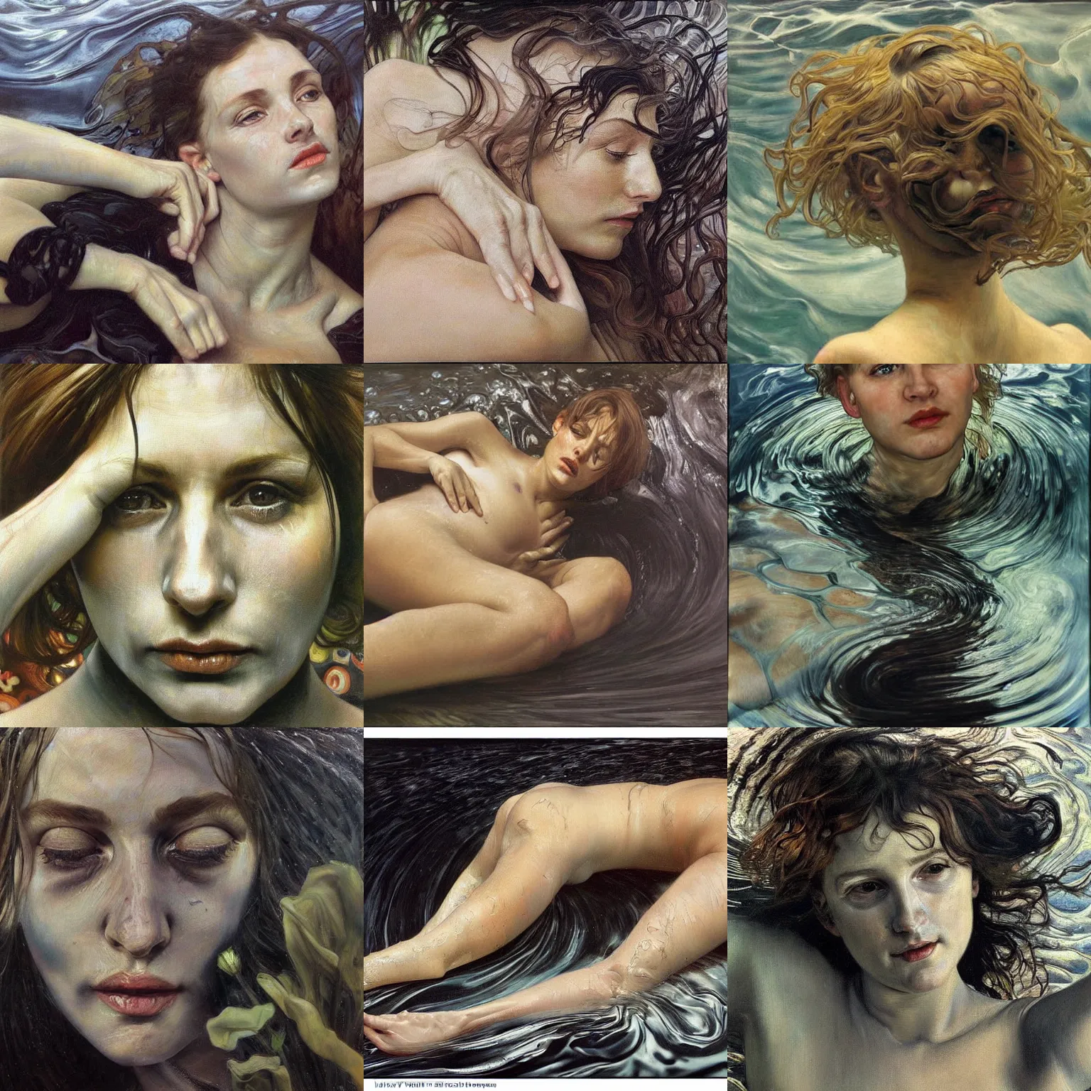 Prompt: hyperrealist painting portrait submerge in a black water wave, wet by lucian freud and alphonse mucha,, very detailed faces