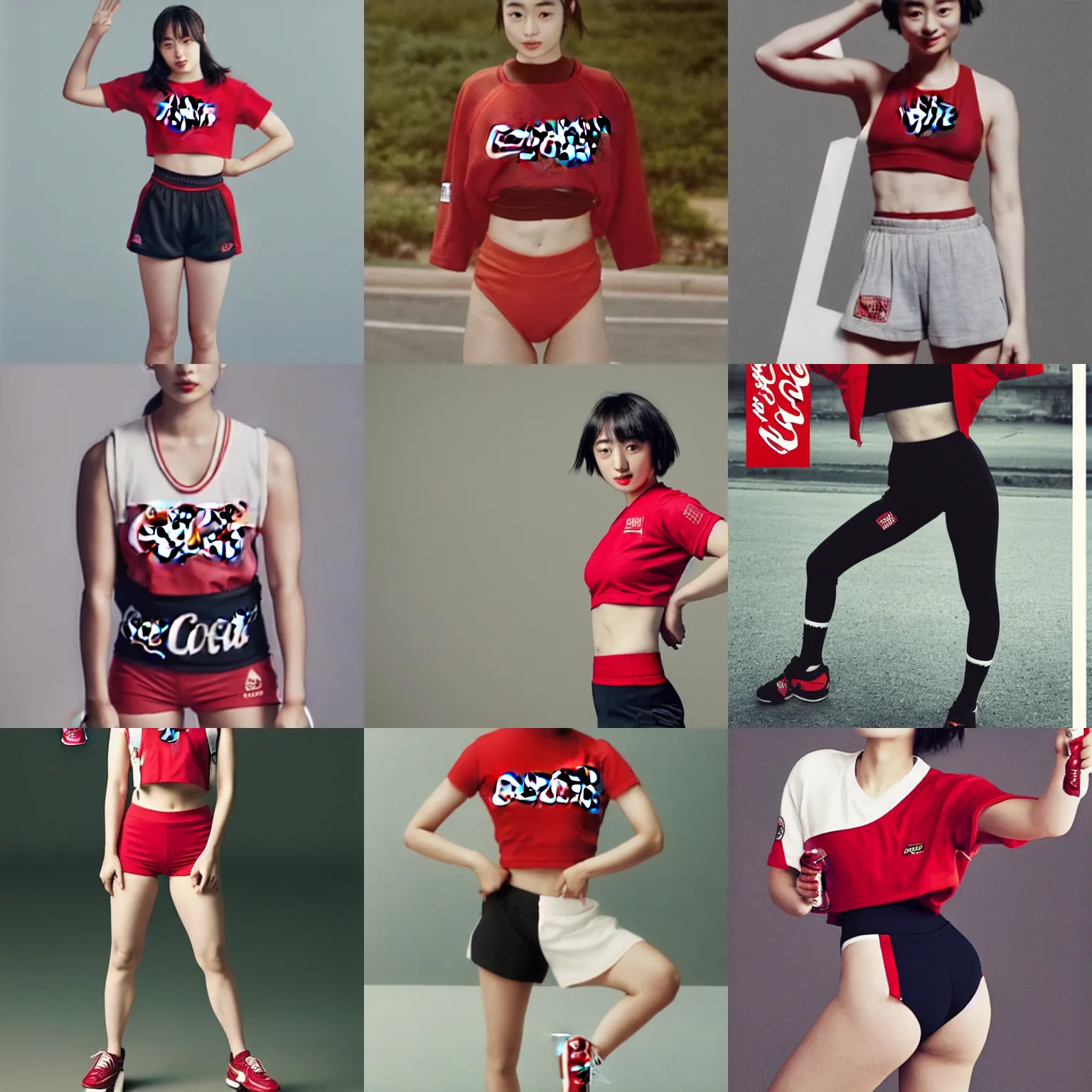 Prompt: suzu Hirose wearing crop red Coca Cola gym top with white Lettering, cropped red yoga short, advertising photograph by Annie Leibovitz, masterwork