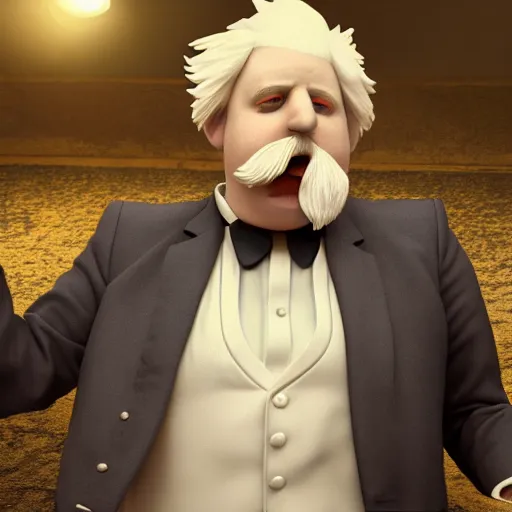 Prompt: Boris Johnson with Colonel Sanders body, realistic artstyle, wide shot, dramatic lighting, octane render, hyperrealistic, high quality, highly detailed, HD, beautiful, cinematic, 8k, unreal engine, facial accuracy, symmetrical