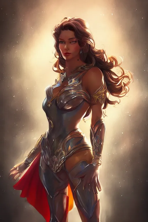 Image similar to three quarters portrait pose of a beautiful woman,super heroine costume,super powers, fantasy, intricate, elegant, highly detailed, digital painting, artstation, concept art,shining, sharp focus, illustration, art by Stanley Lau