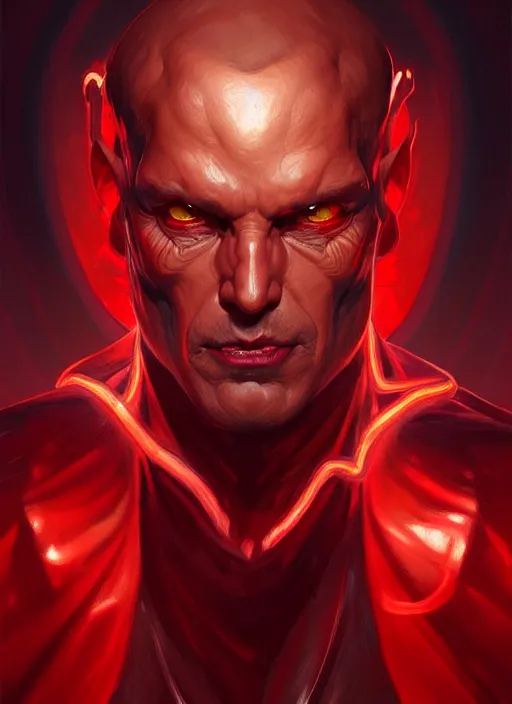 Image similar to portrait of a evil man, glowing red eyes!! muscular, leather robes! intricate, elegant, highly detailed, digital painting, artstation, concept art, smooth, sharp focus, illustration, art by artgerm and greg rutkowski and alphonse mucha