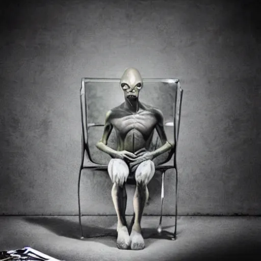 Prompt: award winning photograph of a alien sitting on a chair