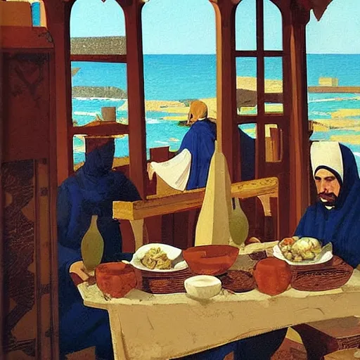 Prompt: ' a medieval turkish nobleman takes breakfast at his coastal manor with his family '. painting by angus mcbride, art with high fidelity realistic textures and figures.