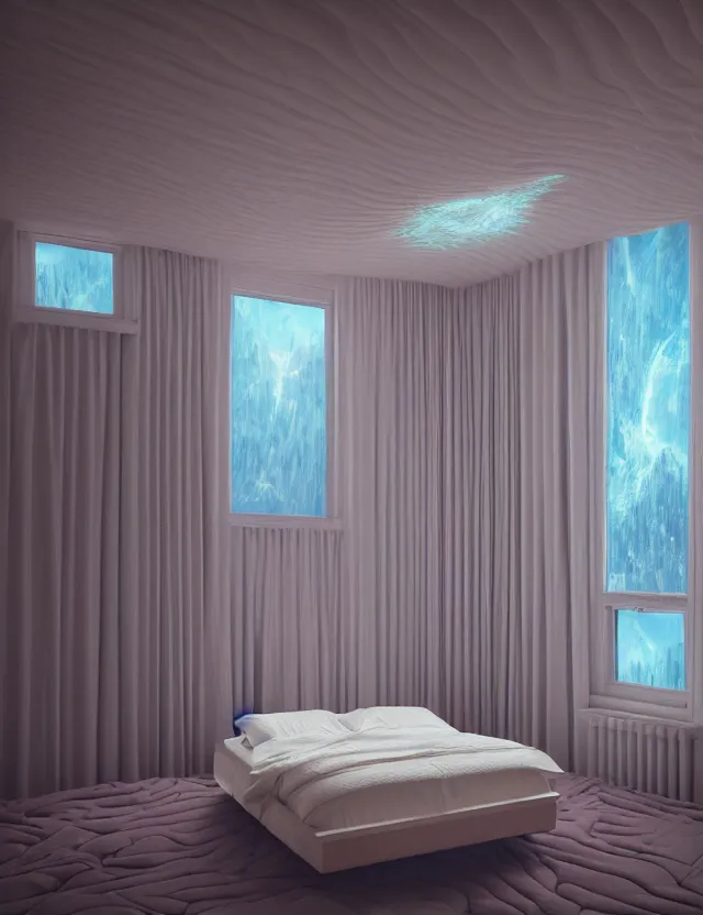 Image similar to an ultra wide angle photo of a bed hovering above the floor in the middle of a giant bedroom with windows opening to other worlds by casey weldon and lee madgewick, photorealistic, octane render, recursive!!!!, flowing!!!!, cascading, multiverse!!!!, labyrinthine!!!!