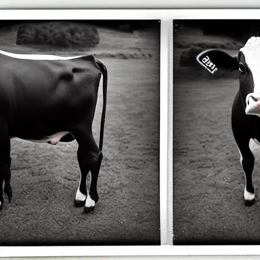 Image similar to a cow with 2 heads, unsettling, found footage style, polaroid, kodak film