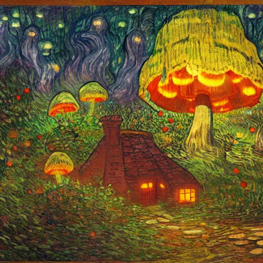 Image similar to mysterious detailed painting of a fairytale cottage in the woods at night, surrounded by giant glowing mushrooms, in the style of studio ghibli and moebius and claude monet and edward hopper and vincent van gogh