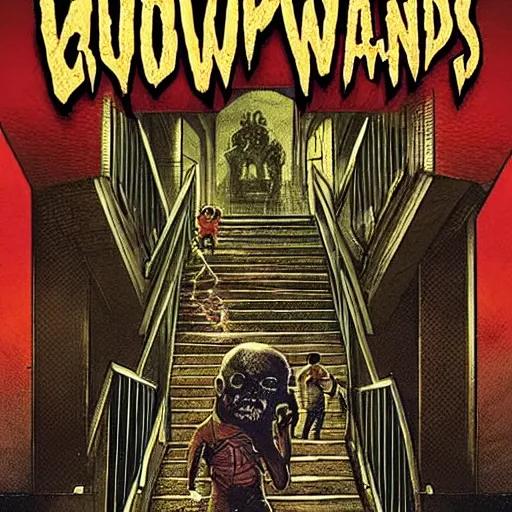 Prompt: goosebumps cover art of zombies on a dark stairway. highly detailed illustration. strong shadows. pulp horror art