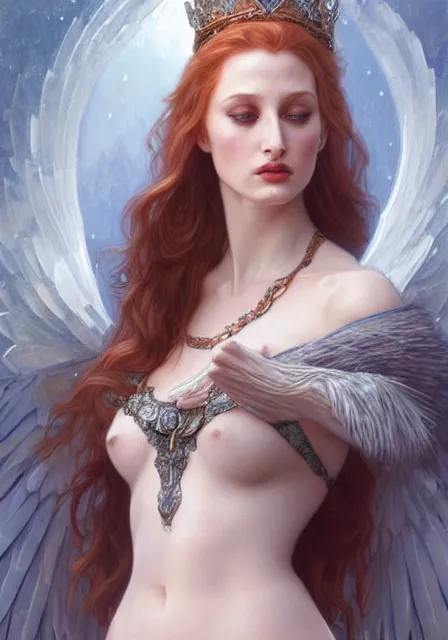 Prompt: sansa angeline jolie gessica chastain ice queen, intricate, elegant, highly detailed, digital painting, artstation, concept art, smooth, sharp focus, illustration, art by artgerm and greg rutkowski and alphonse mucha and william - adolphe bouguereau