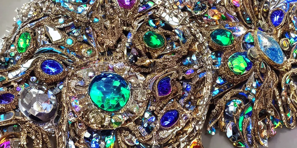 Image similar to an incredibly hyper realistic photorealistic polished multifaceted organic superstructure encrusted with fine detailed intricate priceless gems & jewels with liquid metals flowing throughout reflecting volumetric neon soft glow