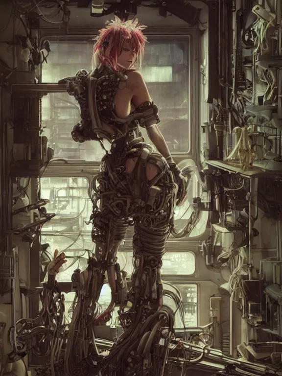 Prompt: full body picture of a biopunk powered suite girl looking at the camera, cynical, bored, being tired at war, beautiful and aesthetic, intricate, unreal engine, messy hair, highly detailed, detailed face, smooth, sharp focus, chiaroscuro, manga illustration, artgerm, greg rutkowski, alphonse mucha, young adult light novel cover art