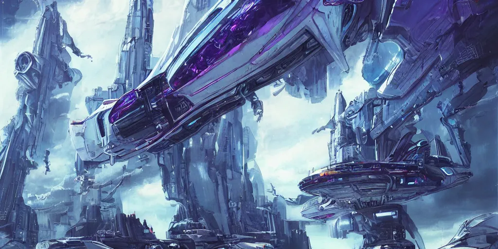 Image similar to spaceship in space, sci-fi, cyberpunk, by Stanley Artgerm, Travis Charest, Carne Griffiths, sleek, futuristic, alien, white, blue, purple, trending on artstation, detailed, intricate, steampunk